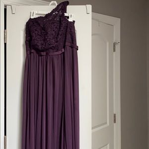 David’s Bridal plum one shoulder bridesmaid dress